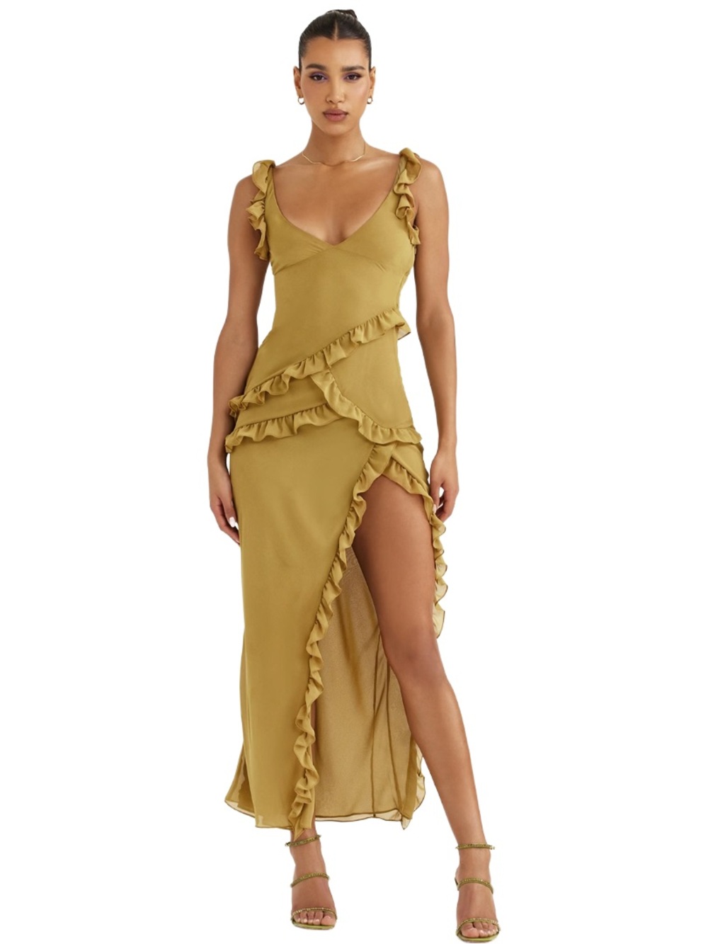 NWOT House of CB Pixie Olive Ruffle Maxi Dress